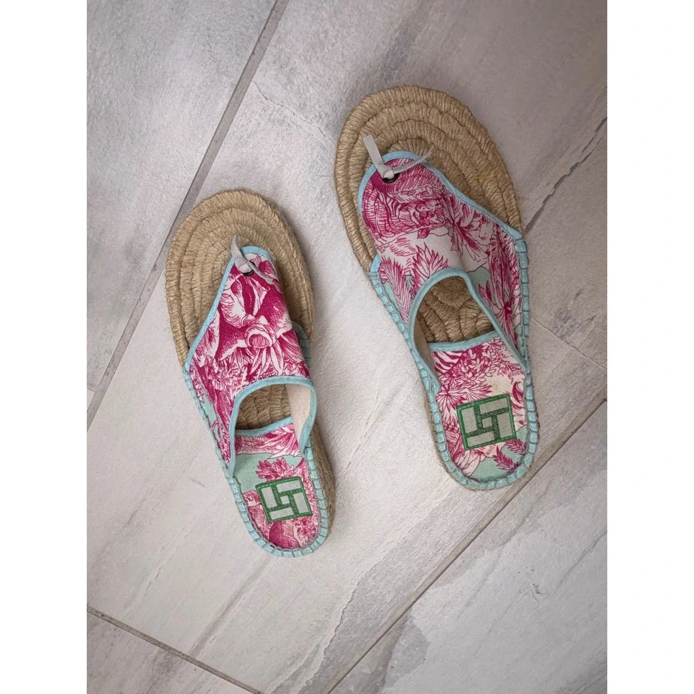 Manuel Canovas Pink Floral Espadrille Platform Sandals Thong Slides France 37‎