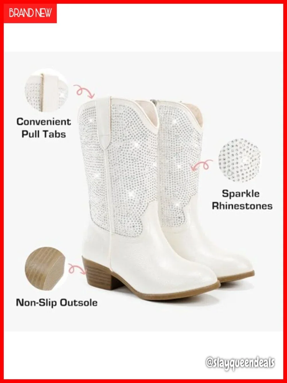 Girls Rhinestone Cowgirl Boots Mid Calf Pointed Toe Block Heel