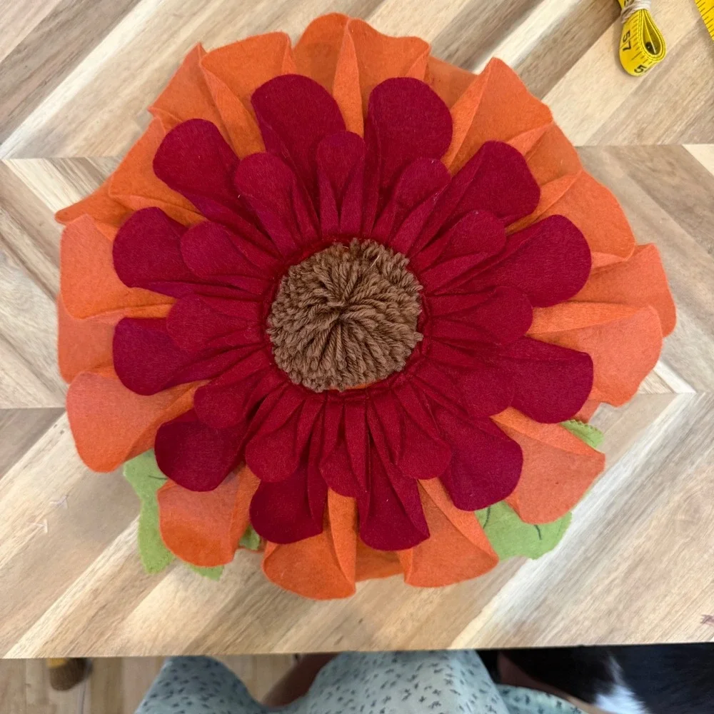 Boho Handmade Felt‎ Flower Decorative Pillow Round Orange Red Accent Cottagecore