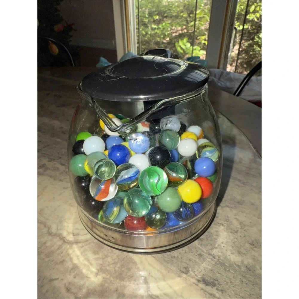 Lot of 186 Vtg‎ Glass Marbles Multiple Colors Mini Glass Coffee Pot Used