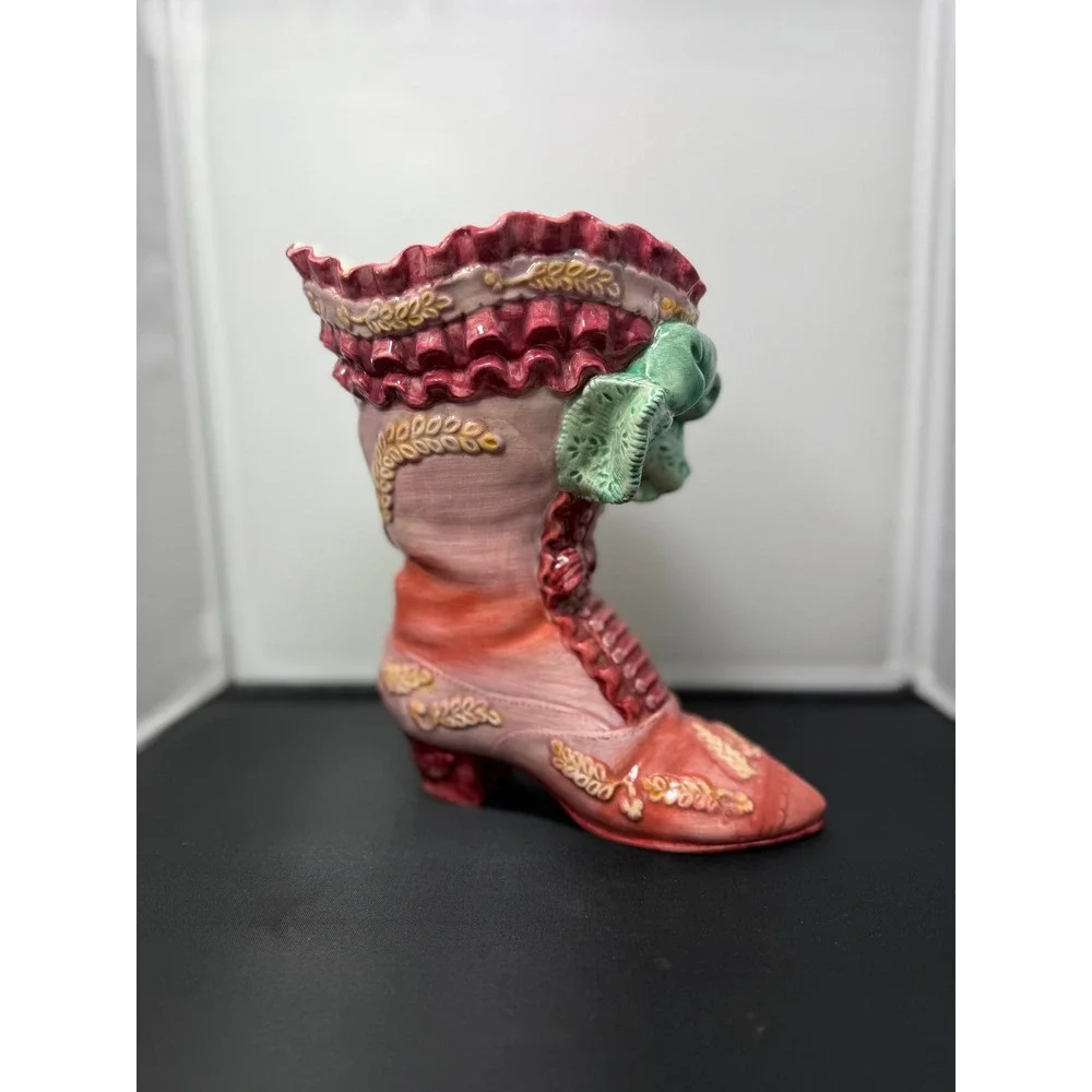 Victorian ceramic Boot Vase Pink Floral‎ Planter Home Decor 8