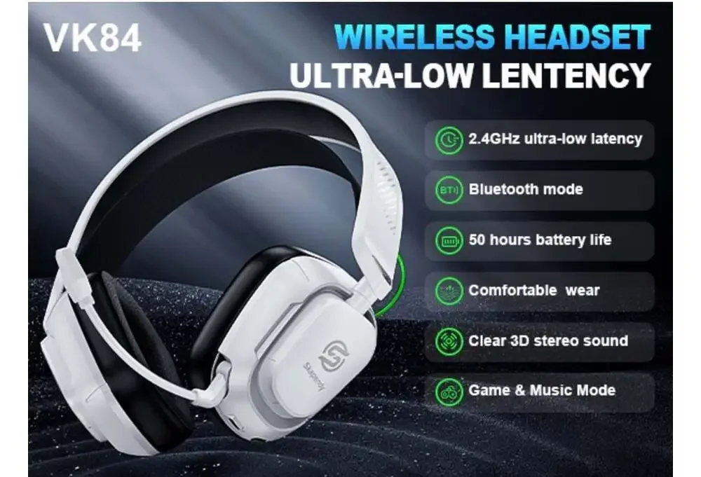 Skapendy VK84 Wireless Gaming Headset, 2.4GHz & Bluetooth, 50H‎ Battery