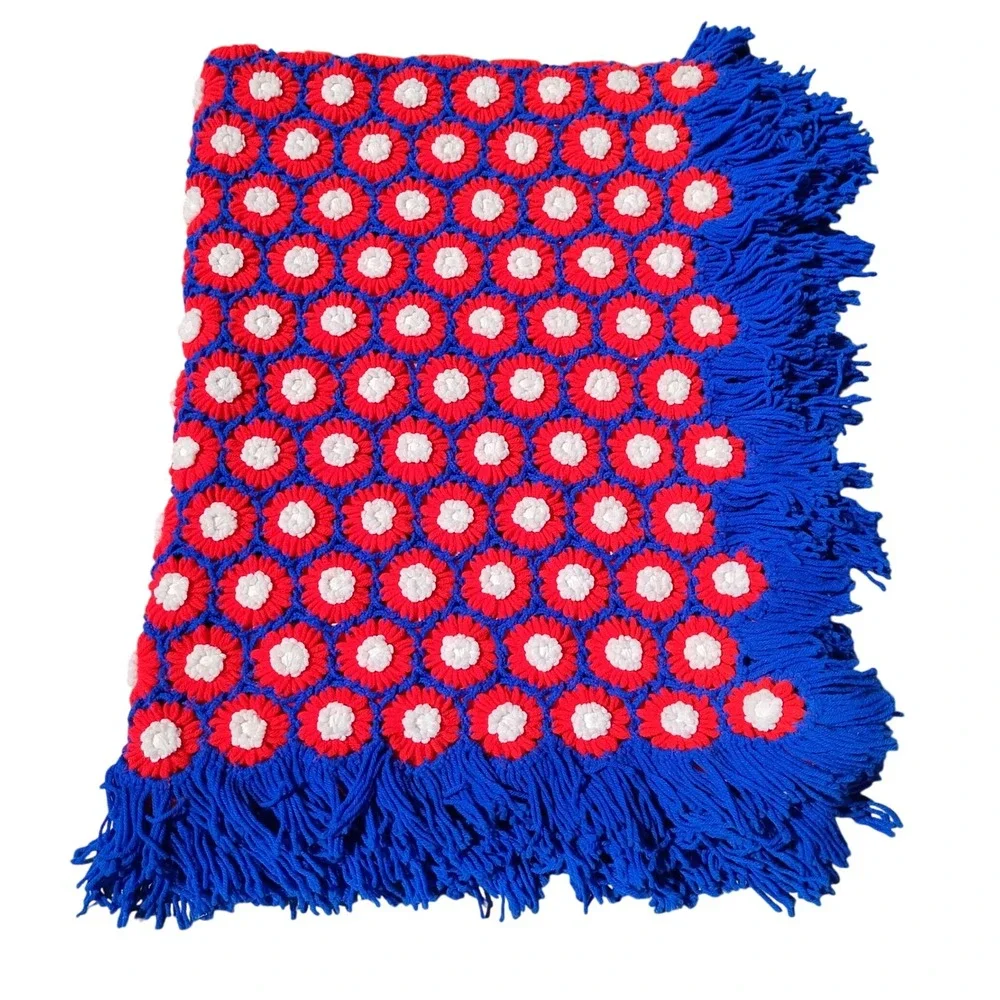 Vintage Daisy Granny Square Crochet Blanket‎ Throw Red Blue Fringe Afghan 66x48