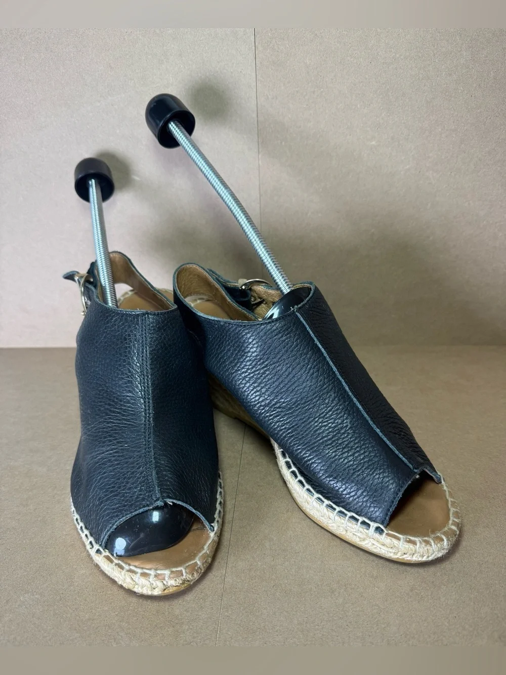 Maypol Black Leather Peep Toe Slingback Espadrille Sandals 3