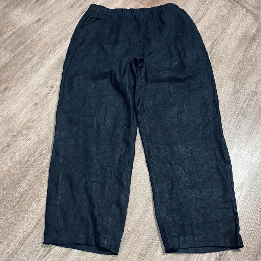 Quince Womens 100% European Linen Wide Leg Pants Black Elastic Waist Large‎ L