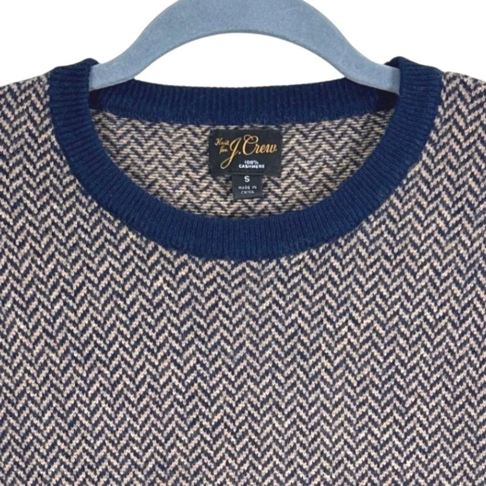 J Crew‎ 100% Cashmere Herringbone Crewneck Sweater Men's Size S Navy Beige