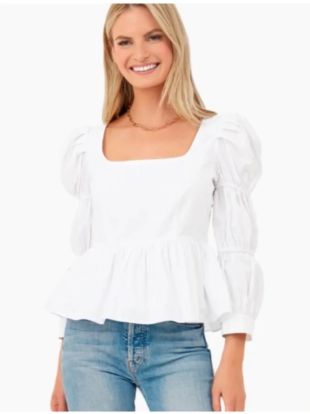 Tuckernuck White Square-Neck Peplum Blouse with Puff Sleeves Size L NWT