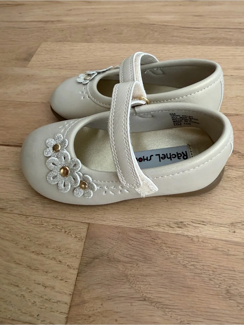 Rachel Shoes Beige Pearl Girls Mary Jane Flats with Floral Gems