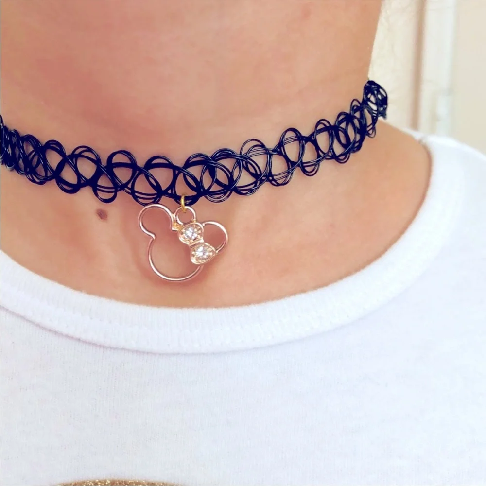 NWT Minnie Mouse Gold Charm Black Girls Choker Necklace Jewelry Stretches to Fit