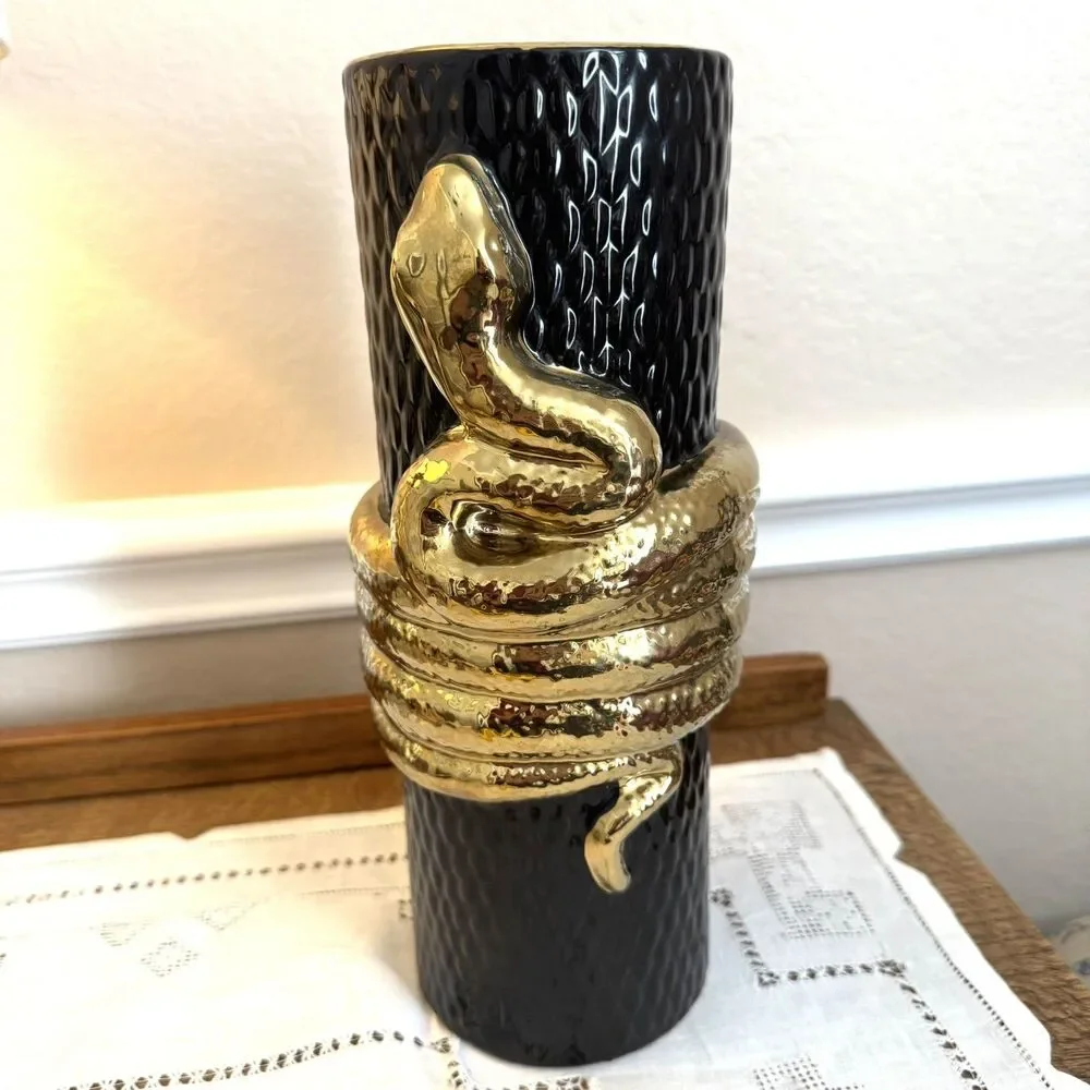 Vintage Black Gold Snake Serpent Vase 12” Hollywood Regency Maximalist Decor