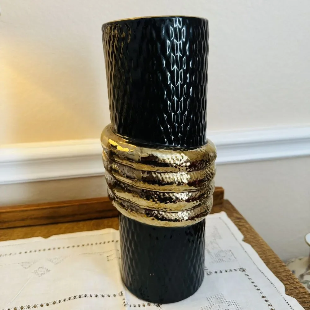 Vintage Black Gold Snake Serpent Vase 12” Hollywood Regency Maximalist Decor