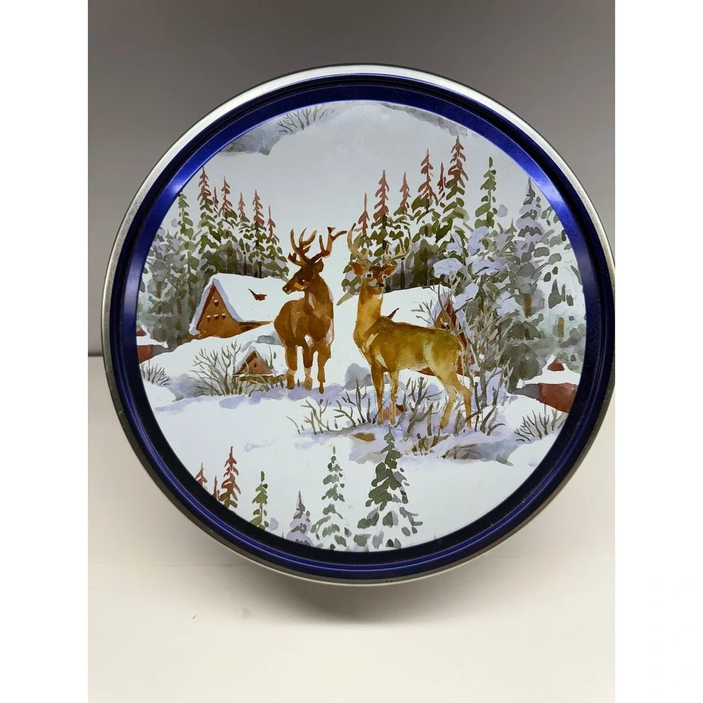 Sam's Choice Winter Deer Holiday Cookie Tin Large Round Metal Storage 10 inch
