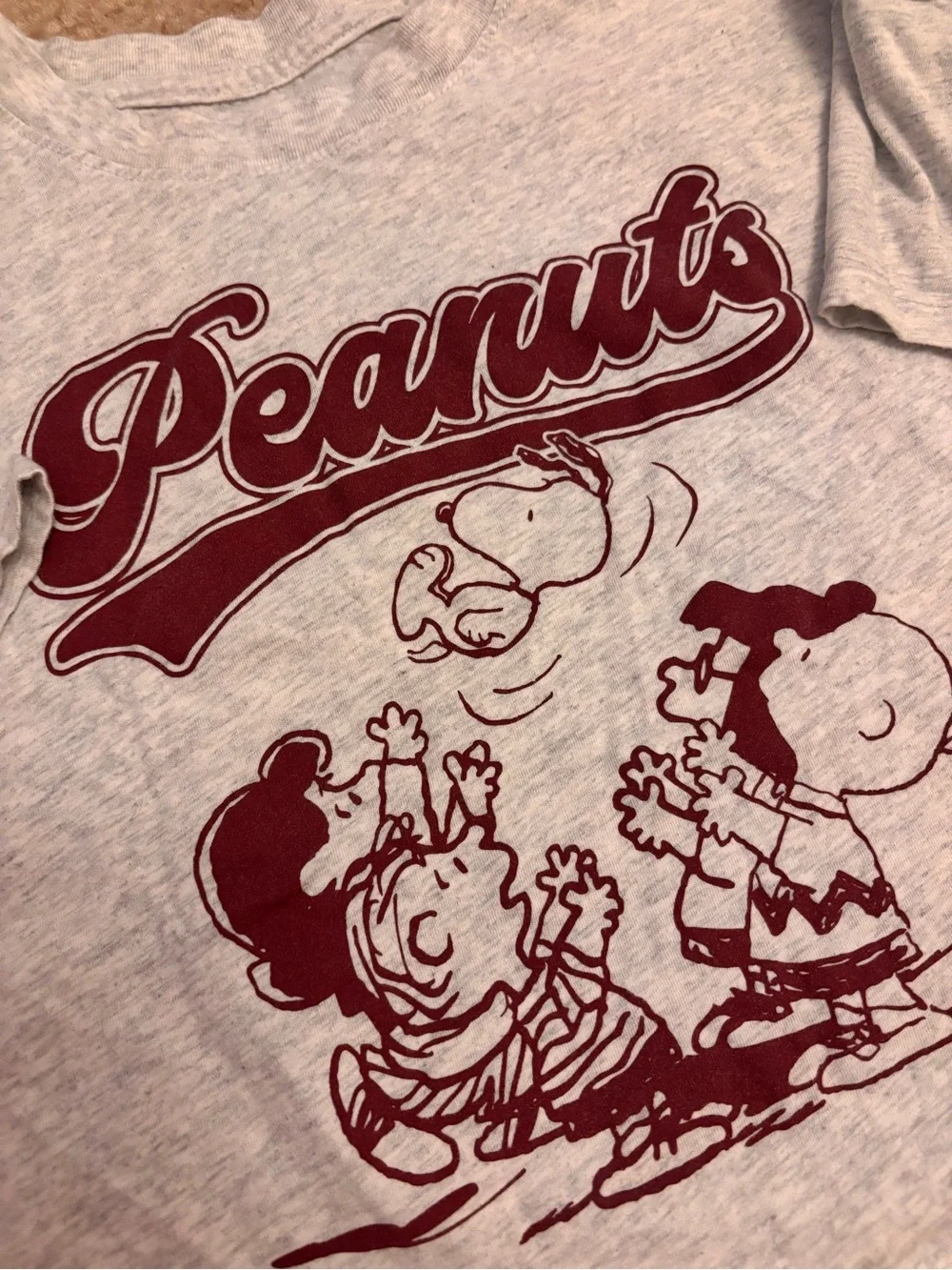 GAP Light Gray Peanuts Graphic Tee with Maroon Print