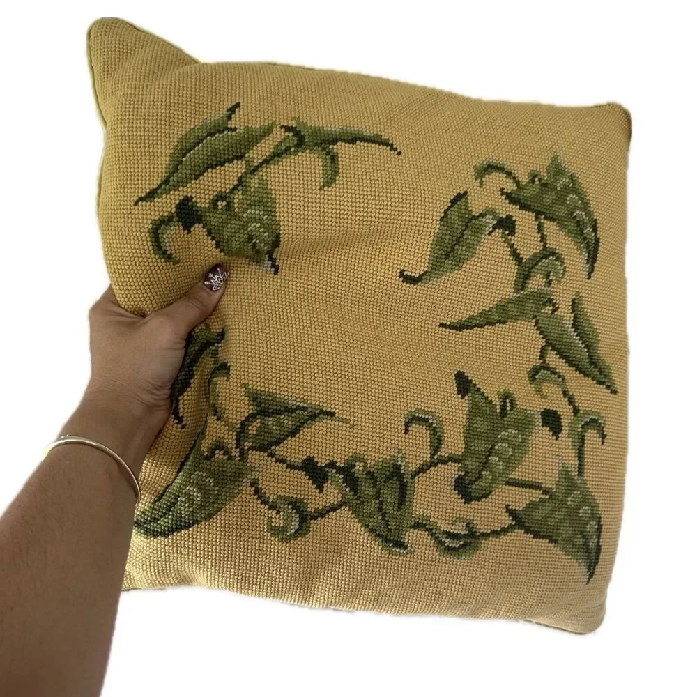 Vintage Needlepoint Vine Leaves Velvet Back Square Accent Pillow Decor