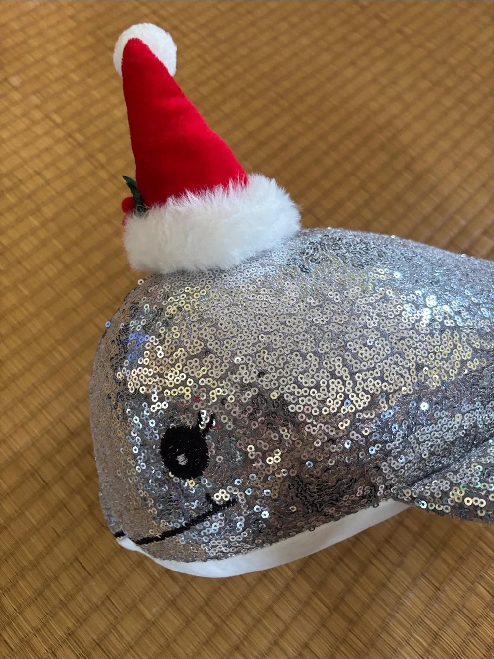 Silver Sequin Whale Plush with Red Santa Hat
