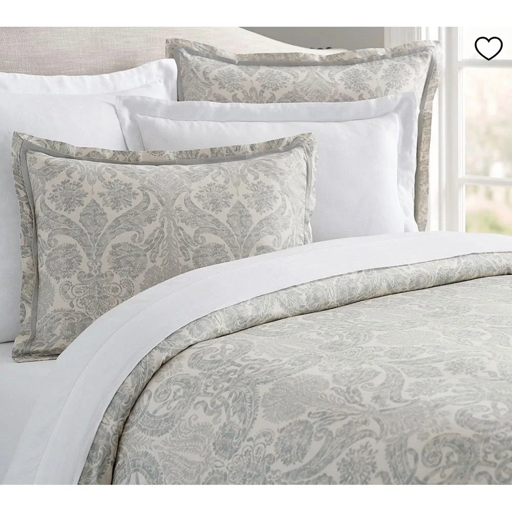 Pottery Barn Samantha‎ Damask Sateen Duvet Cover Blue White Cotton Full Queen