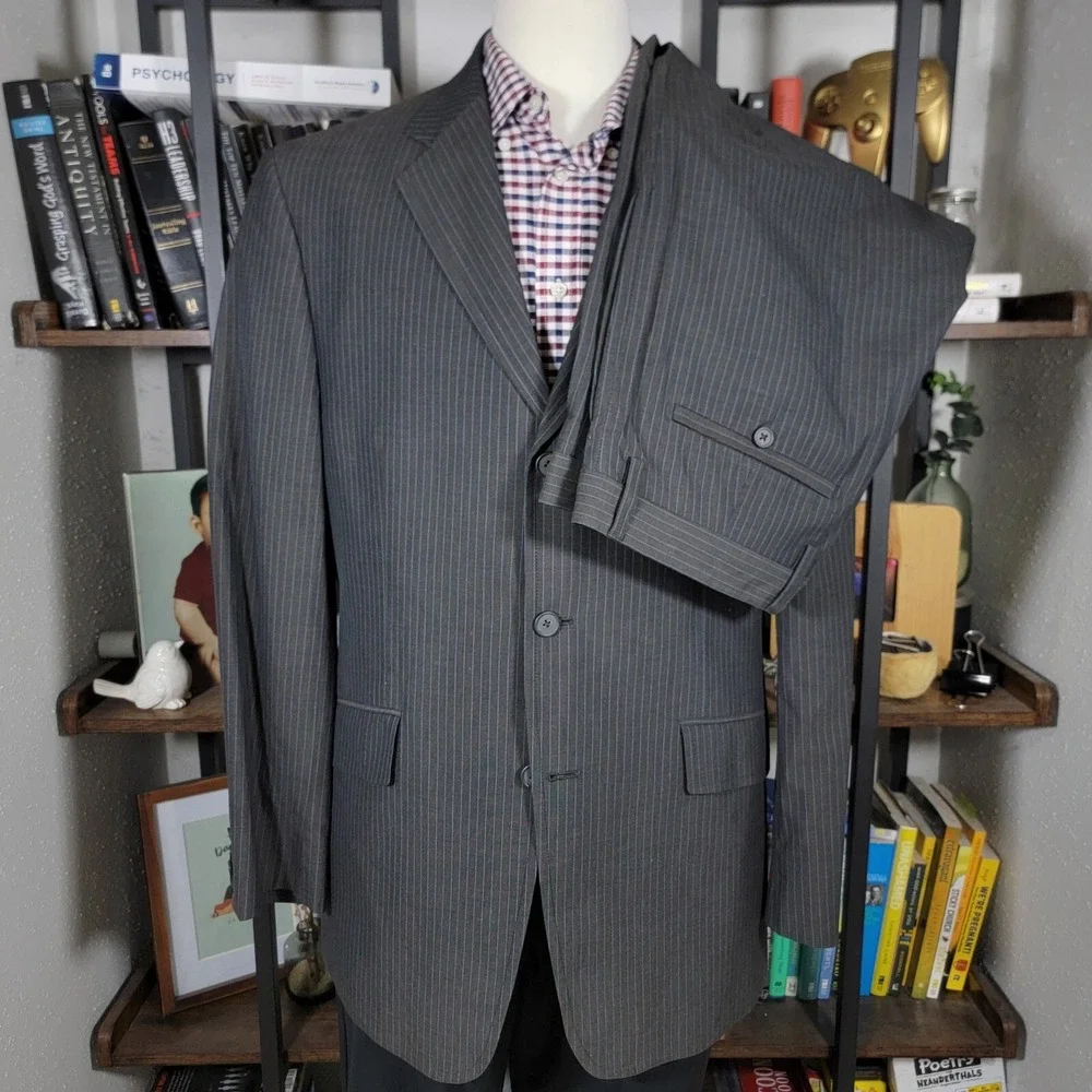 Banana Republic Men's 2PC Sport Coat Pants Gray Striped Cotton‎ Size 44R 36x29