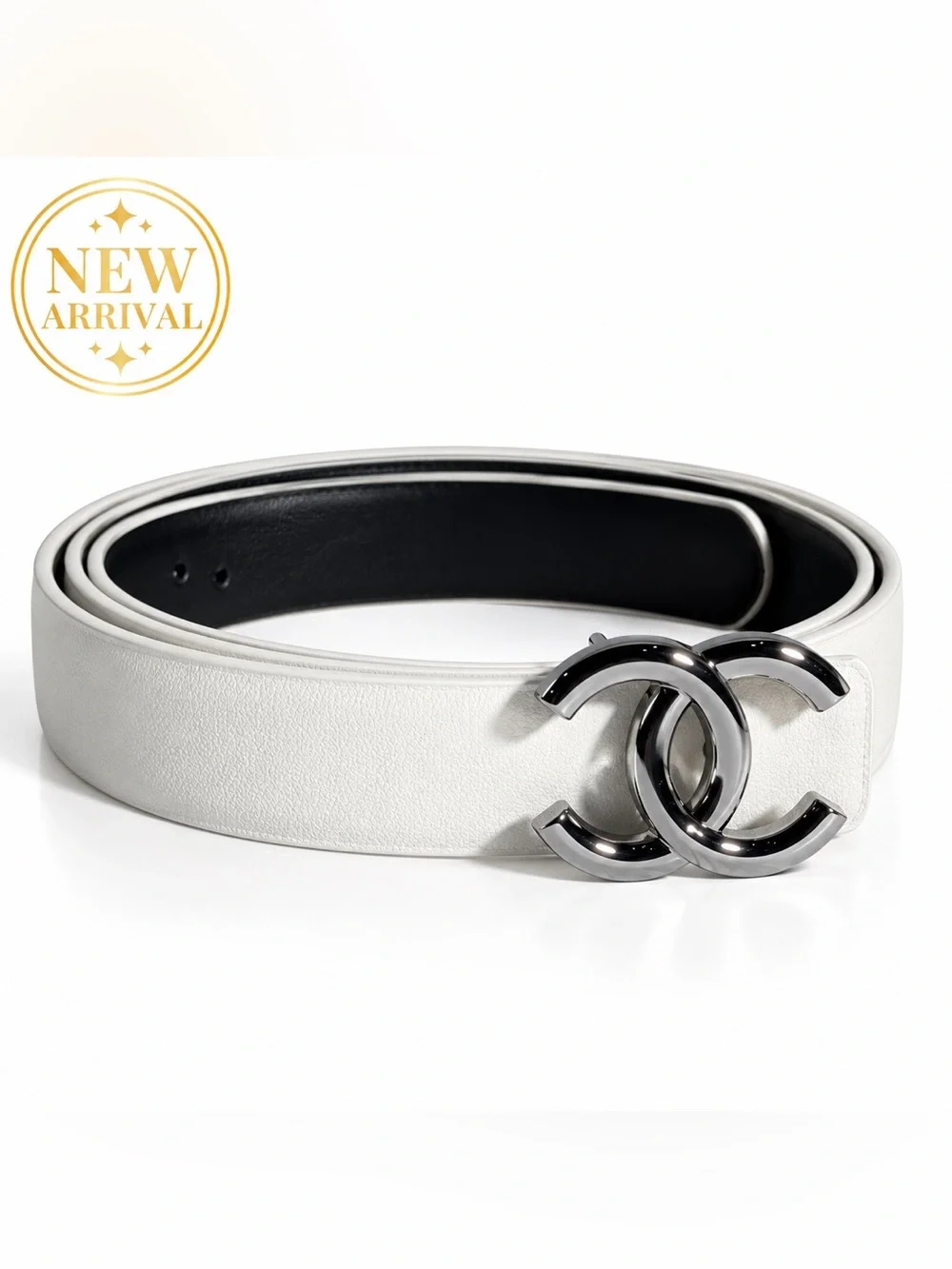 🤍 Women’s Elegant White leather Belt with Black & Silver-Tone Buckle 🤍
