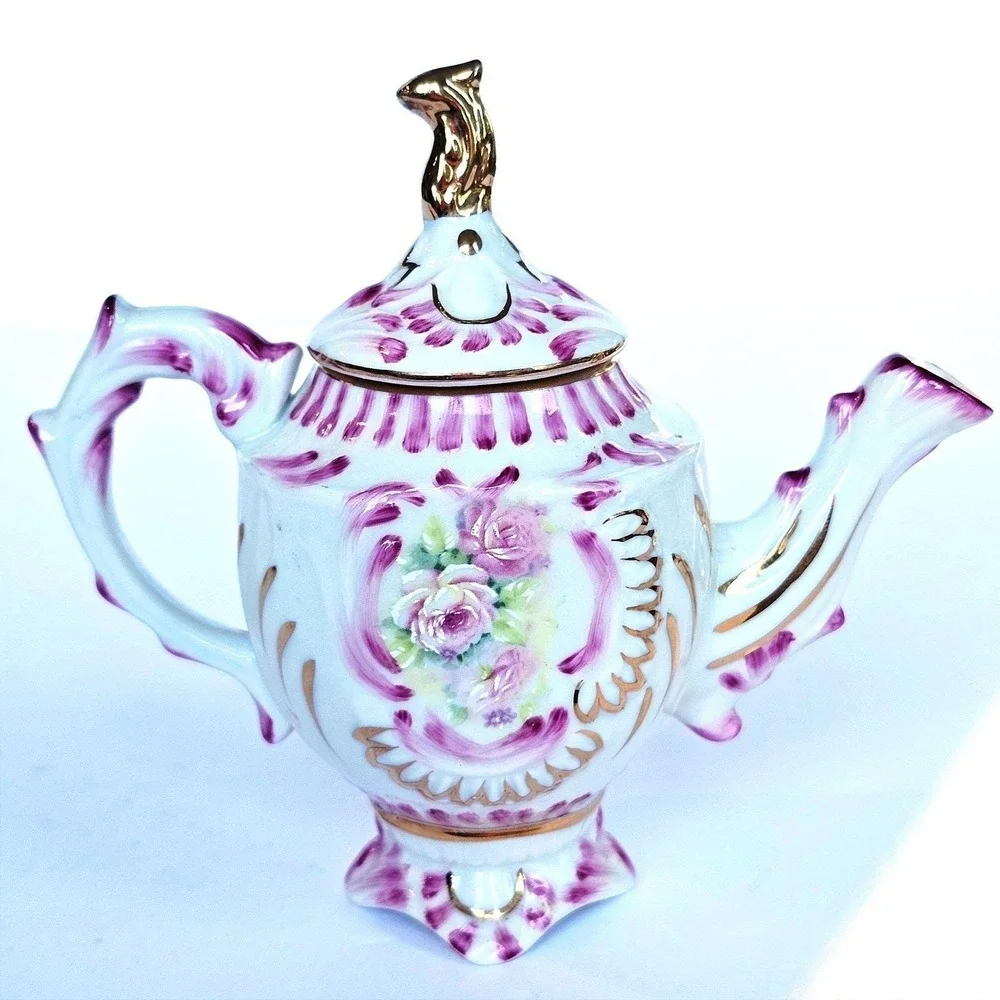 Cracker Barrel Porcelain Miniature Teapot Floral Rose Purple‎ Gold Trim Decor