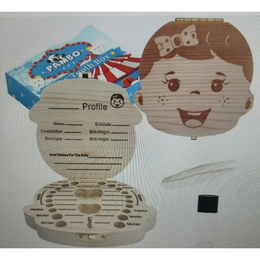 PAMBO‎ Baby Tooth Box Keepsake for Girls, Wooden