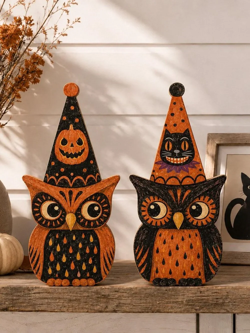Vintage Halloween Owl Wood Block, Retro Folk Art Owl Decor, Spooky Party Hat