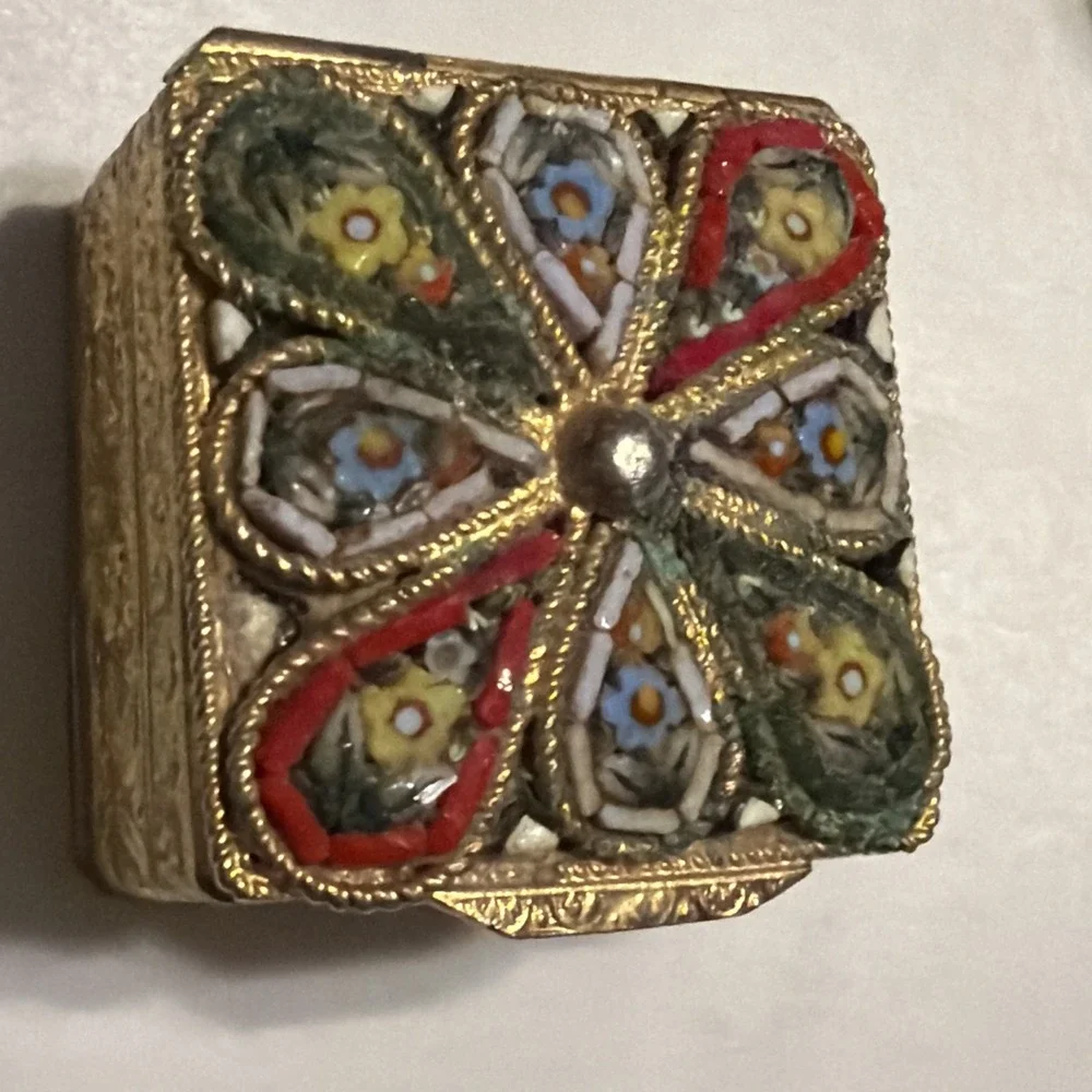 Vintage Italian Micro Mosaic Floral Pill Box Gilt Metal Trinket Box Italy