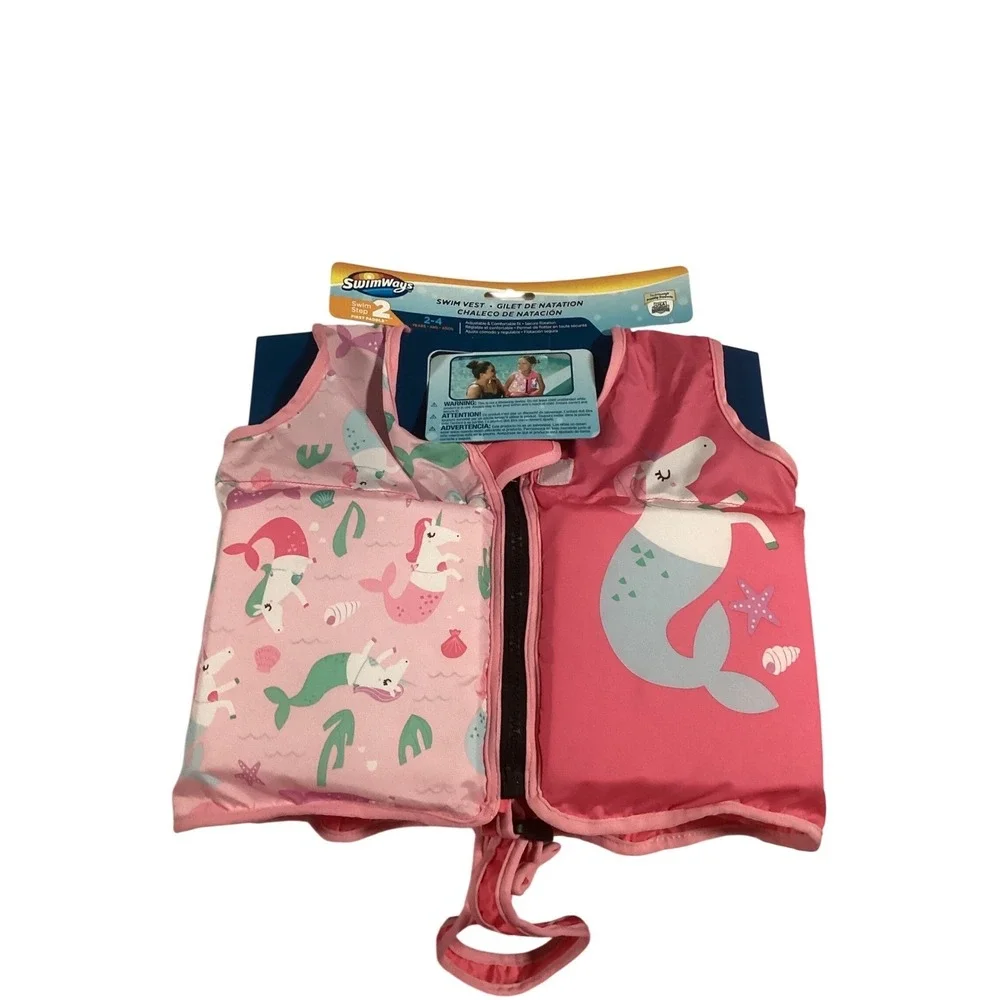 SwimWays Swim Step 2 Kids Swim Vest Pink Mermaid‎ Unicorn Life Jacket Size 2-4Y