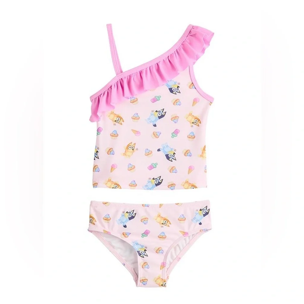 New Bluey Pink One-Shoulder Ruffle toddler Swim Set