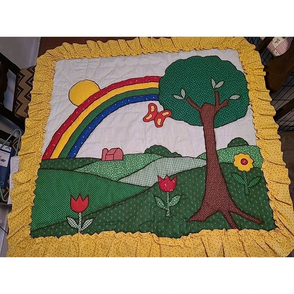 Small Calico Quilt Rainbow Flowers Sunshine Butterfly Tree Yellow Green 45