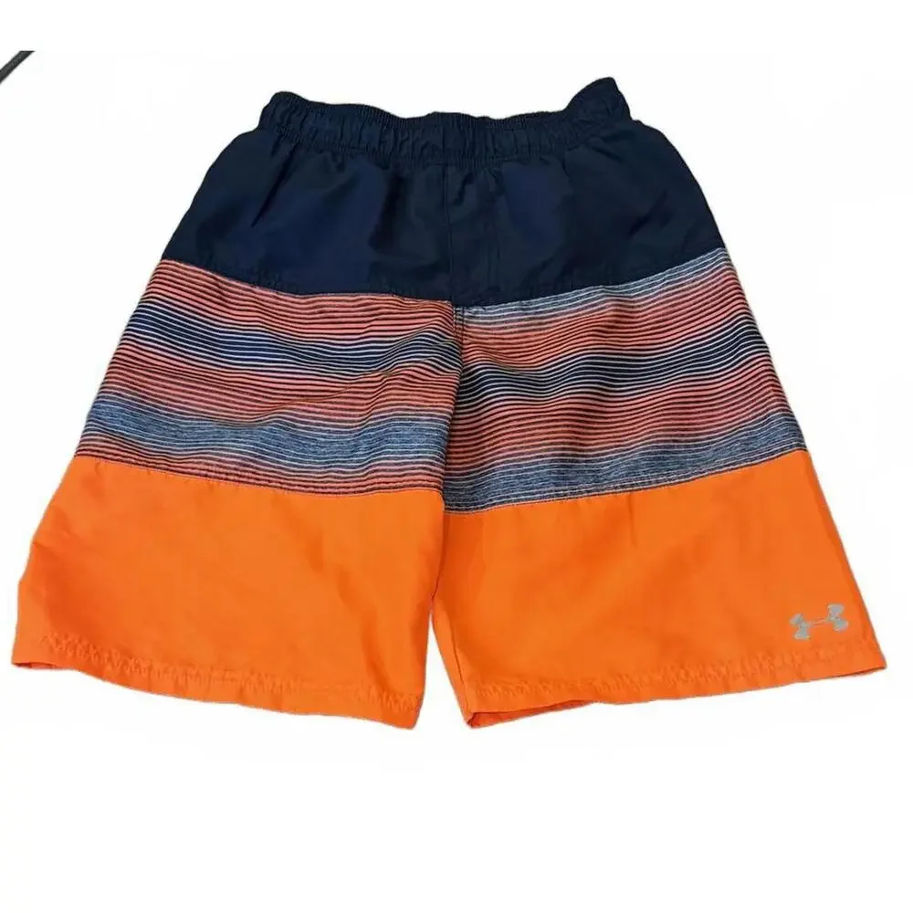 Under Armour Boys Navy Blue‎ & Orange Striped Swim Trunks Youth Large