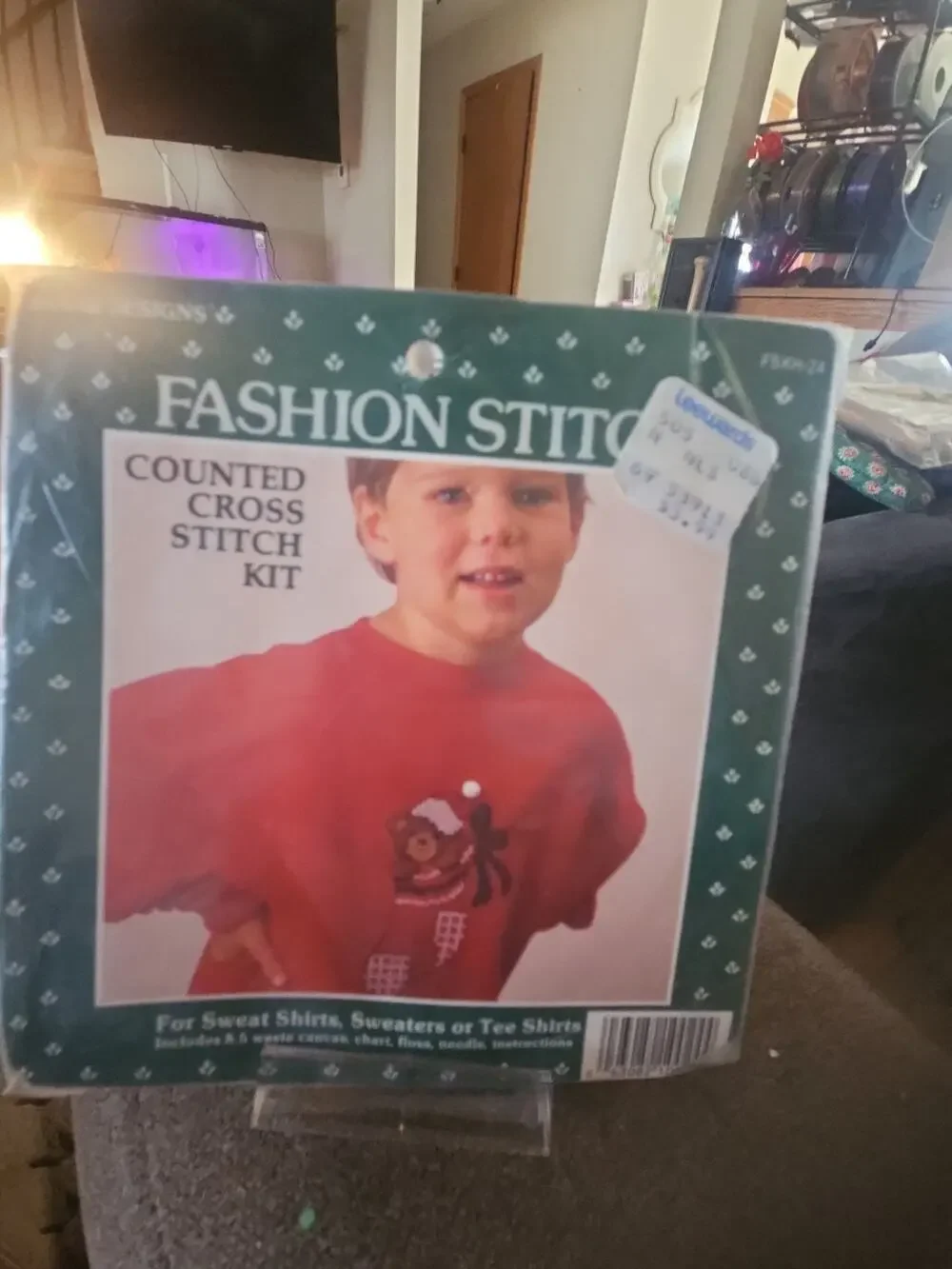 1987 Christmas Teddy Bear in Stocking Counted Cross Stitch for Clothing