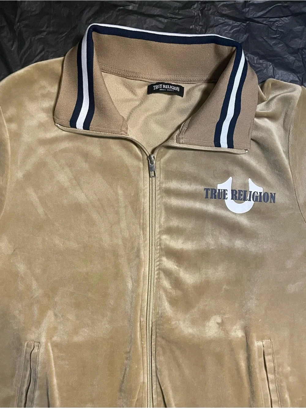 True Religion Men's World Tour Tan Velour Zip-Up Track Jacket M