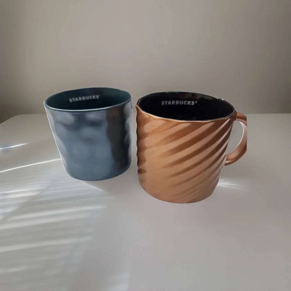 Starbucks Metallic Coffee Mugs (2), 14oz Each, Blue And Bronze