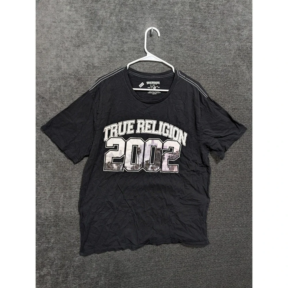 True Religion Mens Black Graphic T-Shirt 2002 Palm Tree Logo XXL Short Sleeve