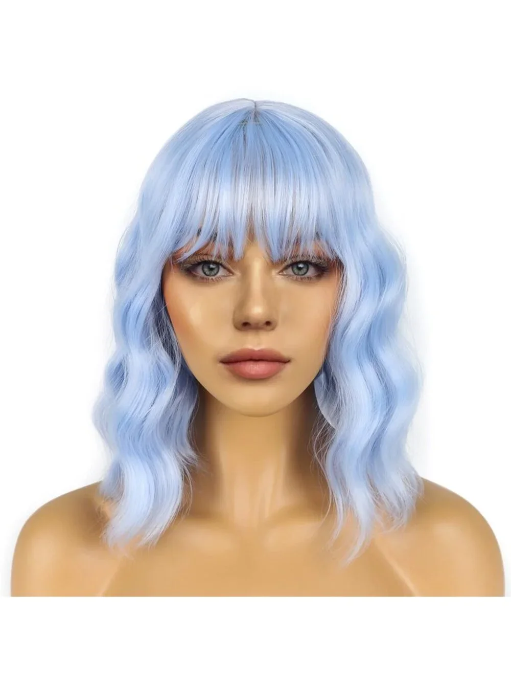 Women's Lovely Pink Shoulder Length Synthetic Loose Wavy Short Bob Wigs Bangs
