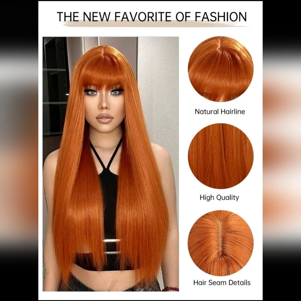 28 Inch Ginger Orange Straight Synthetic Hair Wig With Bang