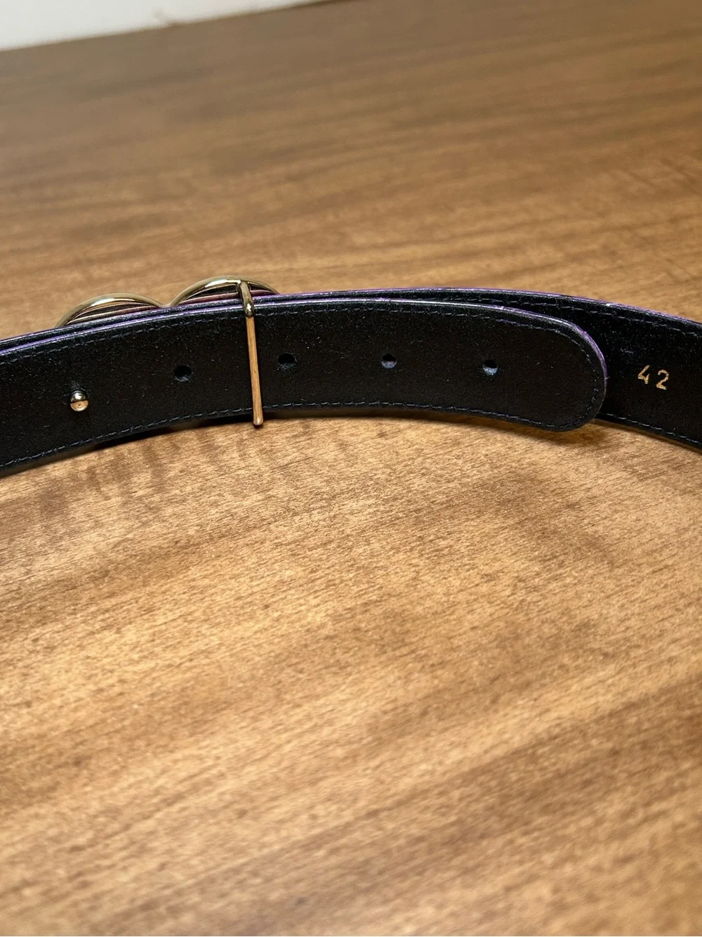ESCADA Vintage Croc Leather Belt Purple Gold EE Logo Buckle Made in Italy 42 Z