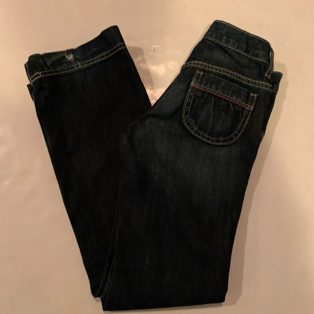 Old Navy Girls Size 8 Blue Denim Pink Details Boot Cut Jeans Adjustable Waist