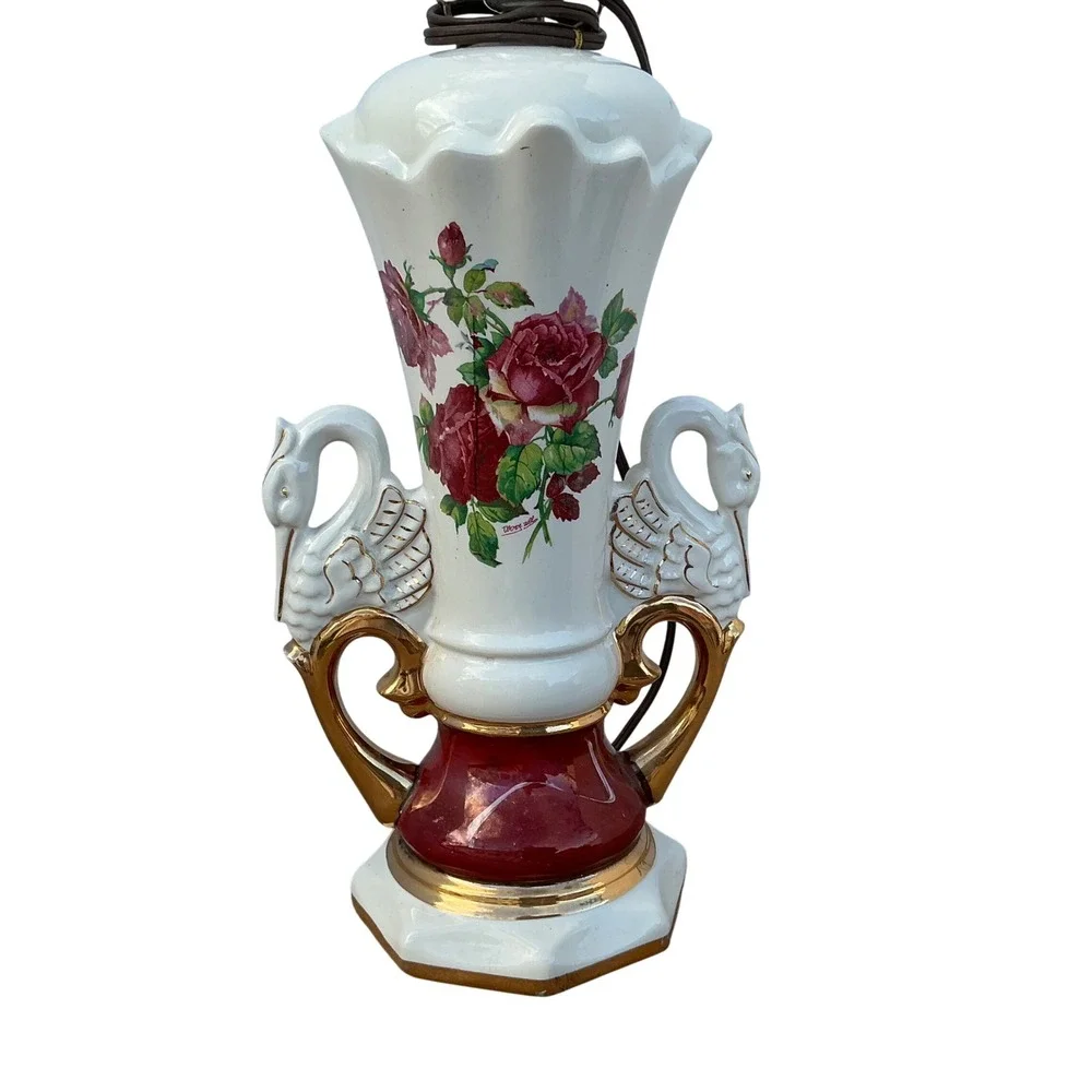 Vintage‎ Swan Handle Ceramic Lamp Floral Rose Design Gold Trim Burgundy White