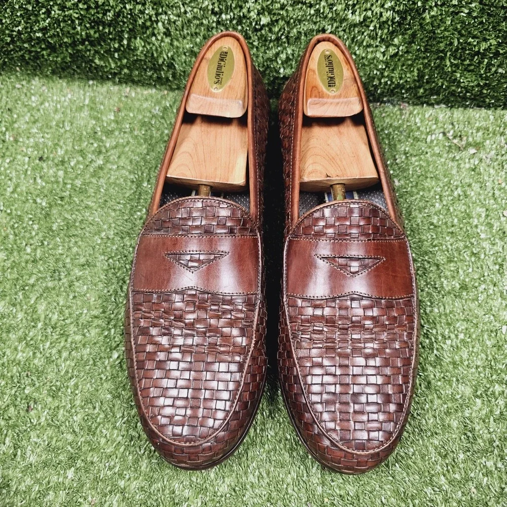 Bragano Brown Leather Slip On Woven Penny Loafer Dress Shoes Mens Size 10 M‎