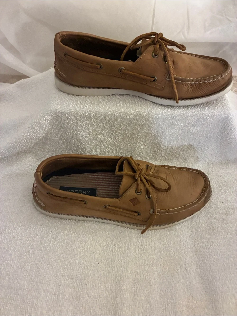 Sperry Men’s Tan Leather 2-Eye Boat Shoes, moccasins rawhide laces