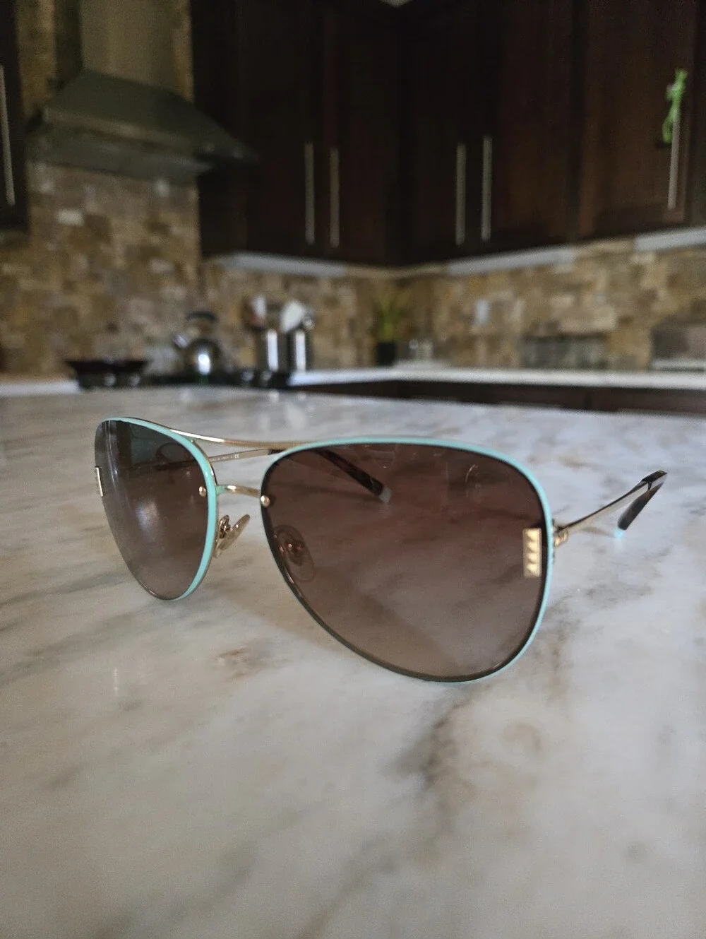Tiffany & Co. Gold & Blue Aviator Sunglasses with Brown Lenses TF3066