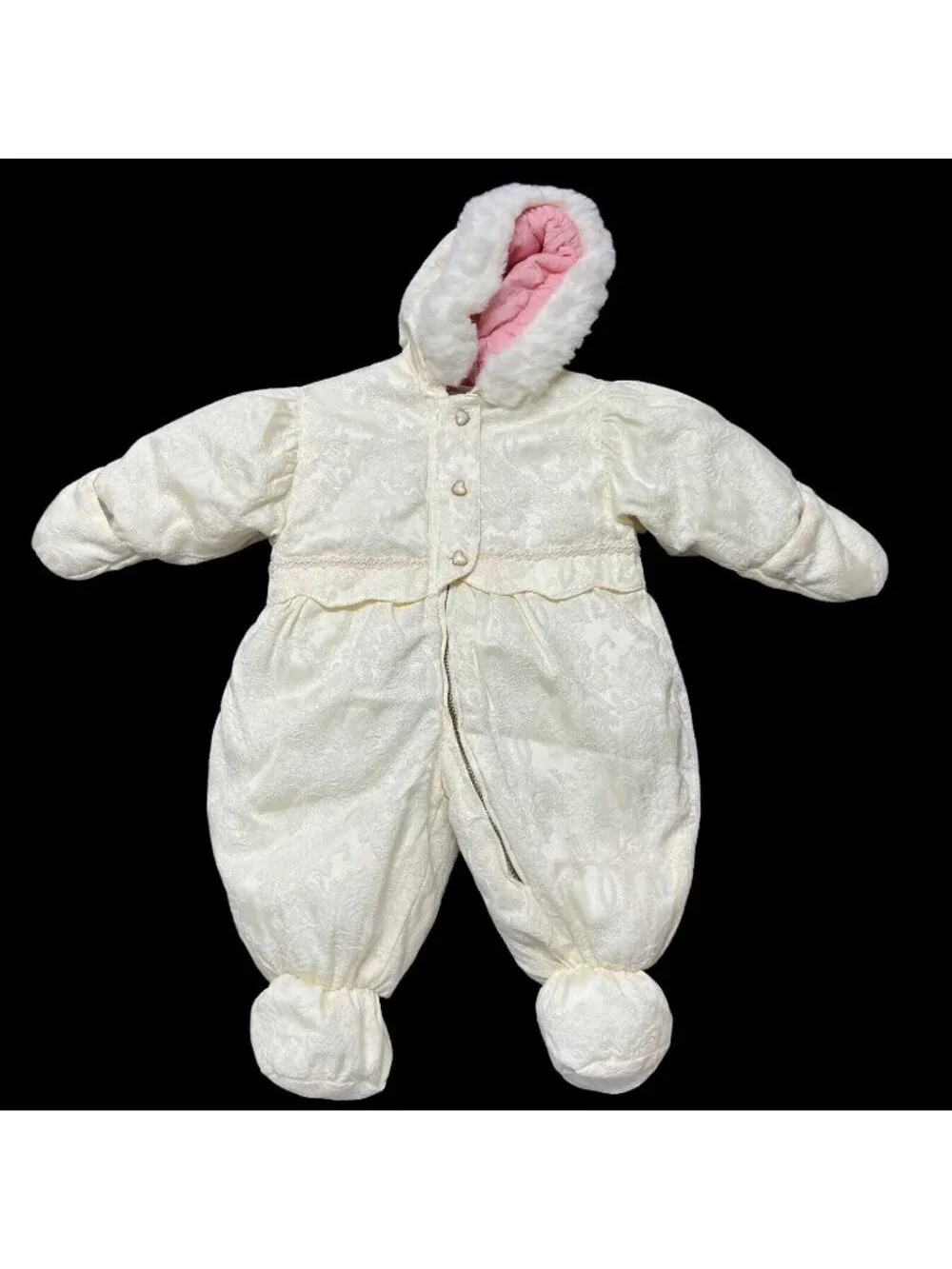 Vintage 80s Baby Snowsuit 6-9 Mo Cream White Jacquard Heart Buttons Giacca Young
