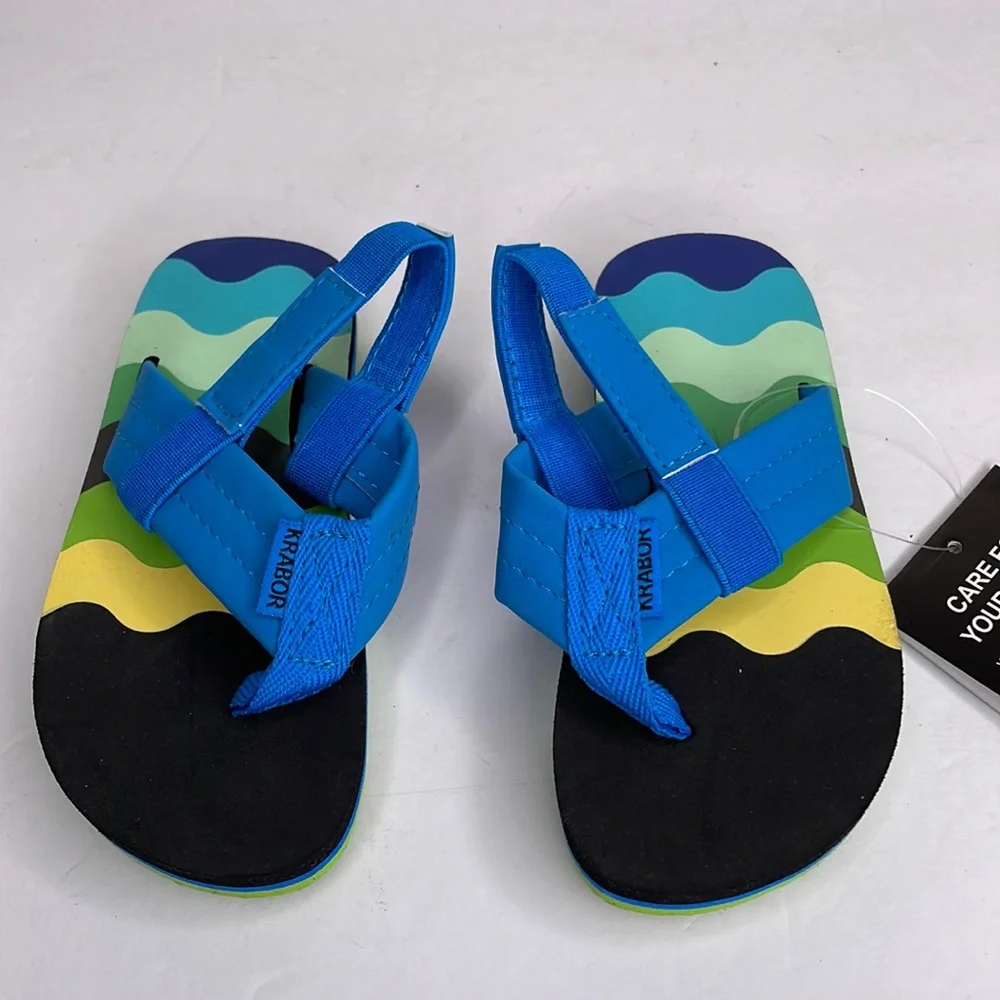 KRABOR Fitory Flip Flops Blue, Yellow, & Green Heel Strap NWT 5/6