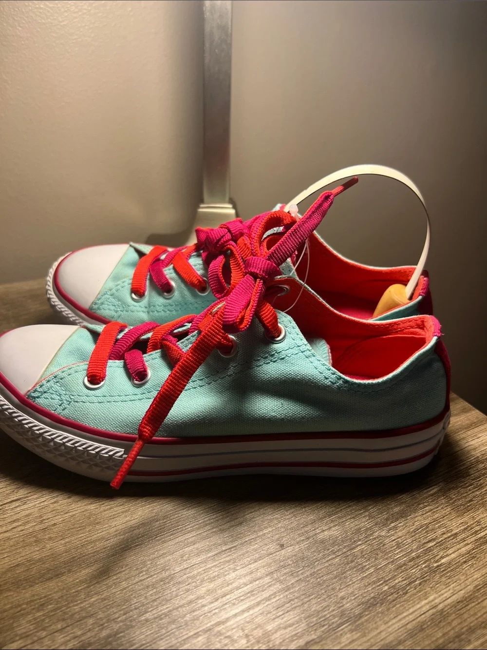 Converse Mint Green Low-Top Sneakers with Pink and Red Laces