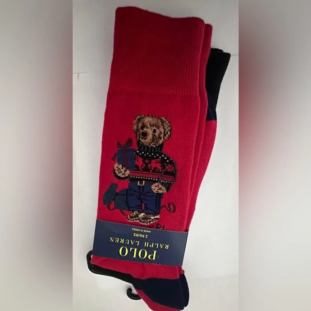 NWT Polo Ralph Lauren Sweater Bear Socks Red/Black - Mens Size 6-13 (2 Pairs)