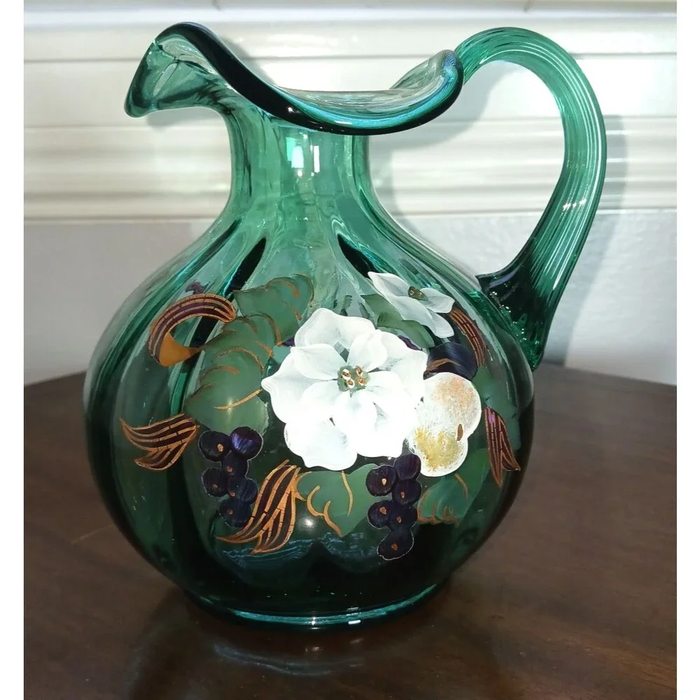Fenton Seafoam Green Pitcher Floral Art Glass 7