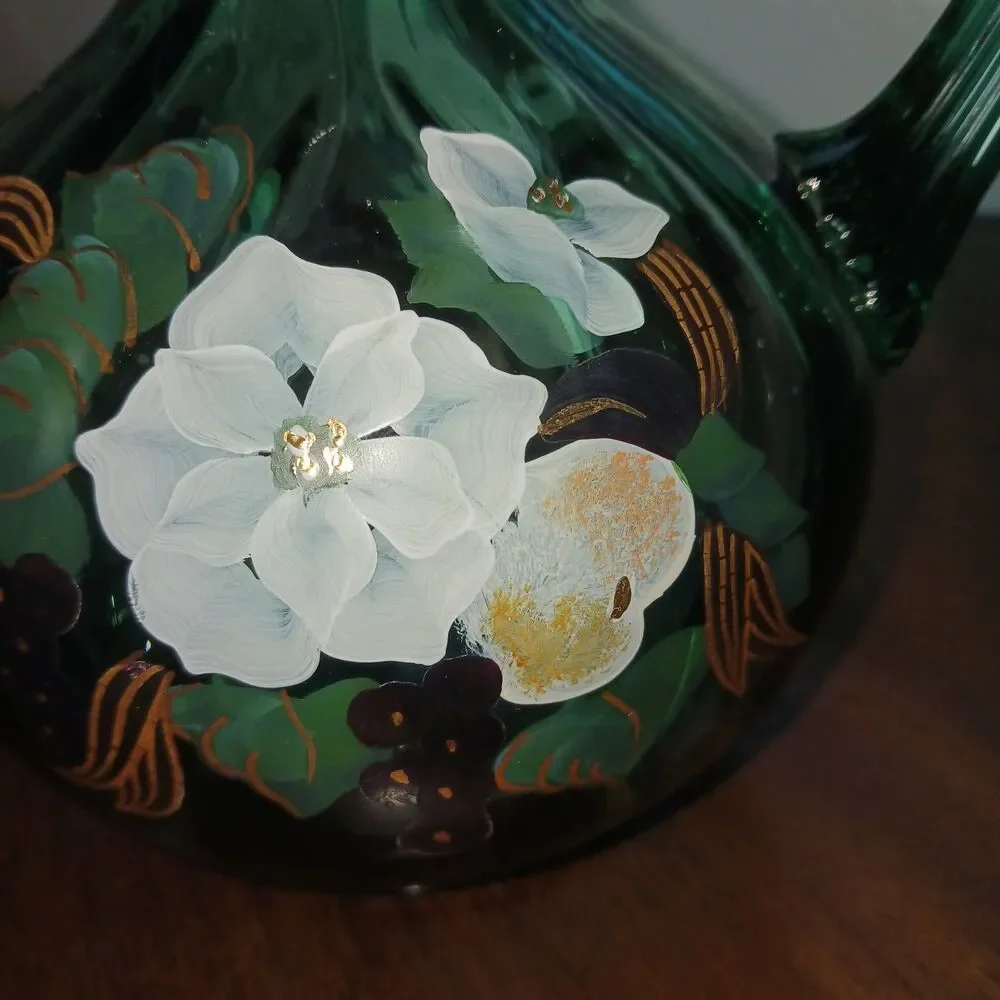 Fenton Seafoam Green Pitcher Floral Art Glass 7