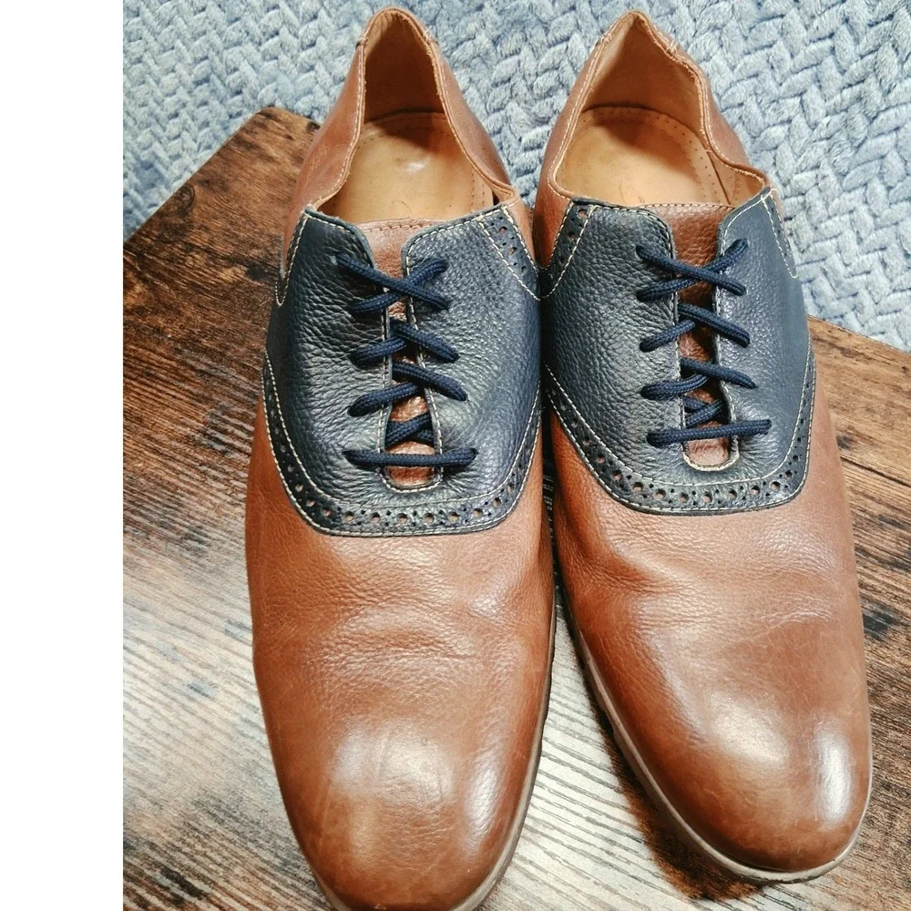 Clarks Mens 13 D Leather Saddle Shoes Brown Navy Blue Oxford 66101 Brazil