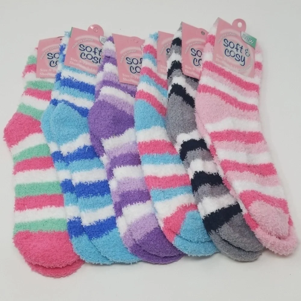 6 x Women Extra Soft Fuzzy Striped Mid-Calf Socks
